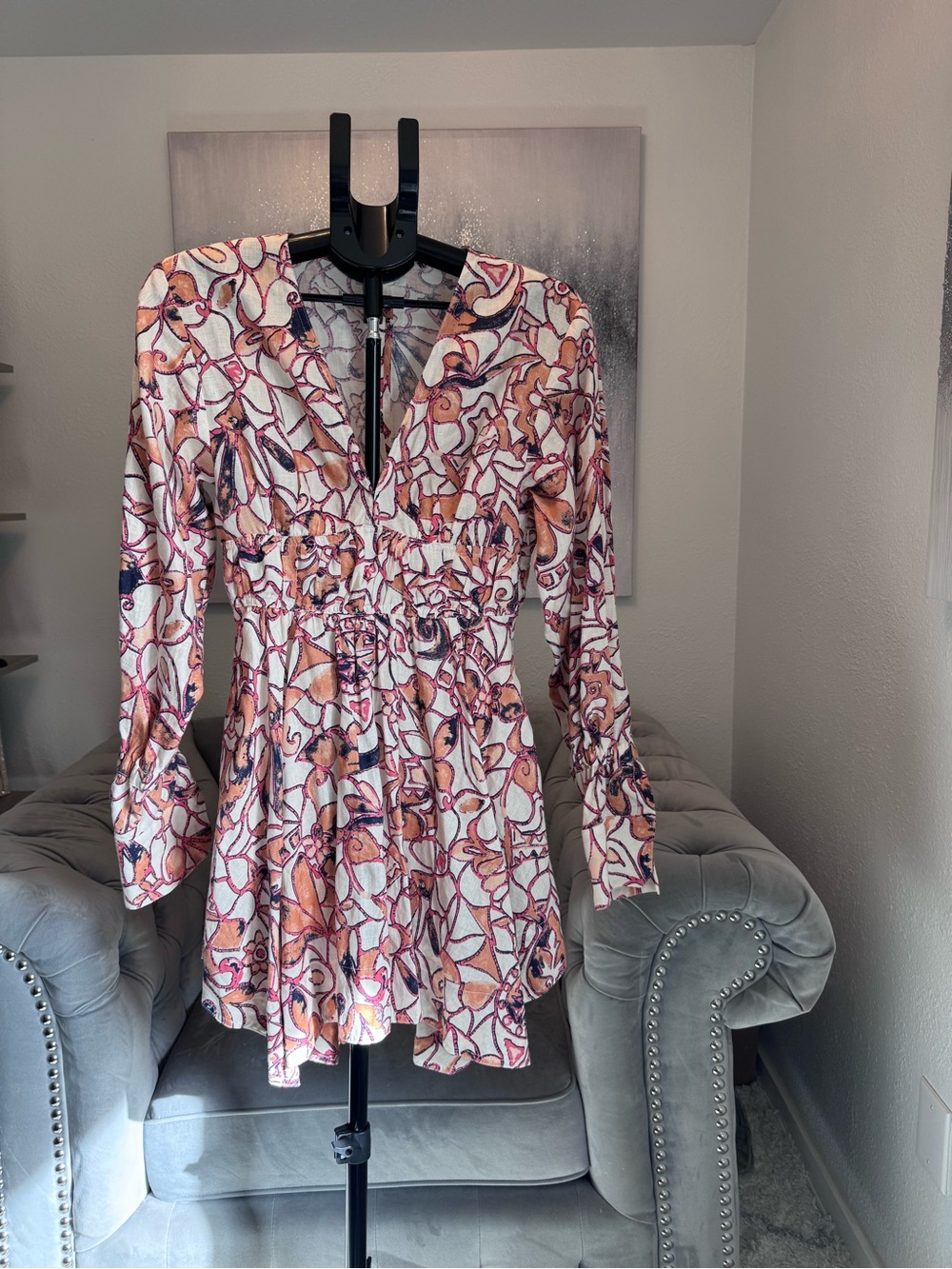 A.L.C. Peach-Pink Floral Long-Sleeve Mini Dress